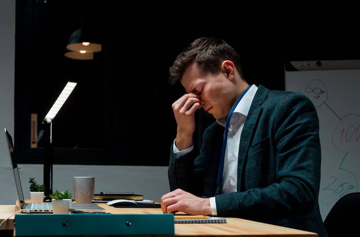  A man in a dark office, dressed in a blazer, looks stressed while sitting at a desk with a laptop, notebook, and a mug.
