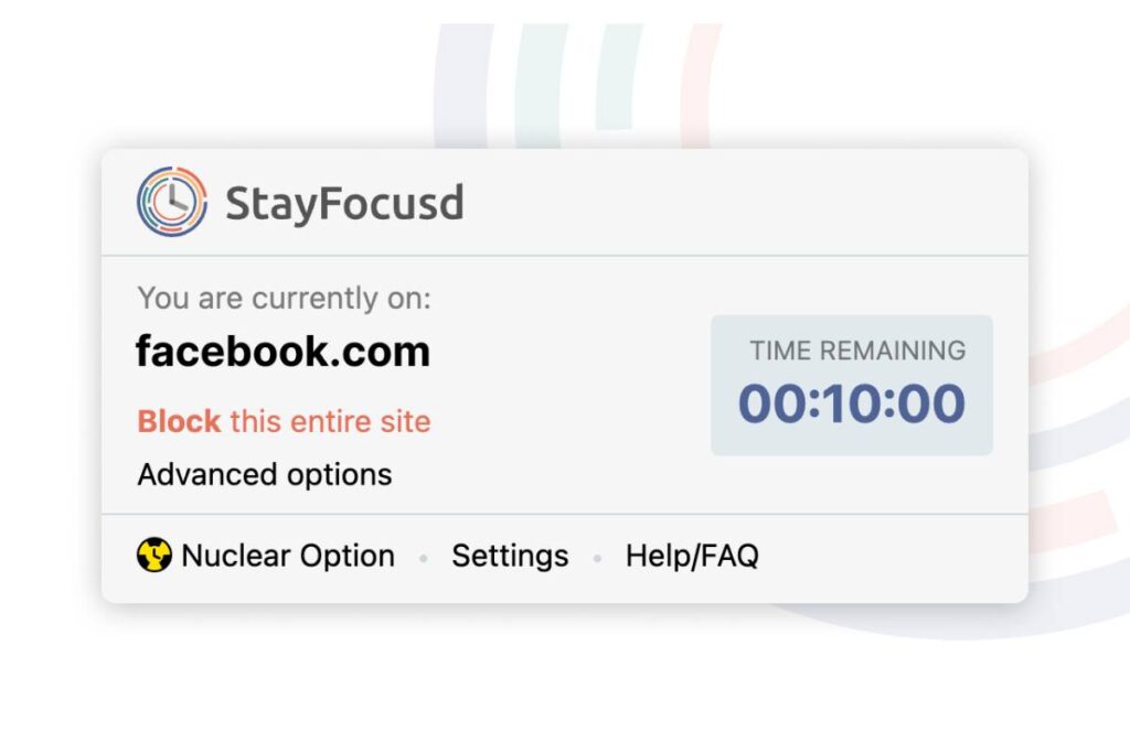 StayFocusd interface showing countdown timer with 10 minutes left and option to block facebook.com, along with settings links.