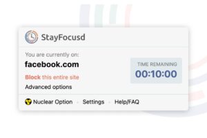 StayFocusd interface showing countdown timer with 10 minutes left and option to block facebook.com, along with settings links.