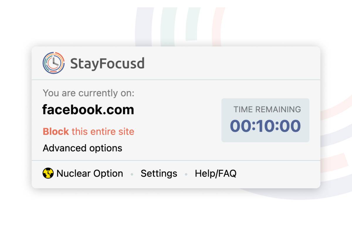 StayFocusd interface showing countdown timer with 10 minutes left and option to block facebook.com, along with settings links.