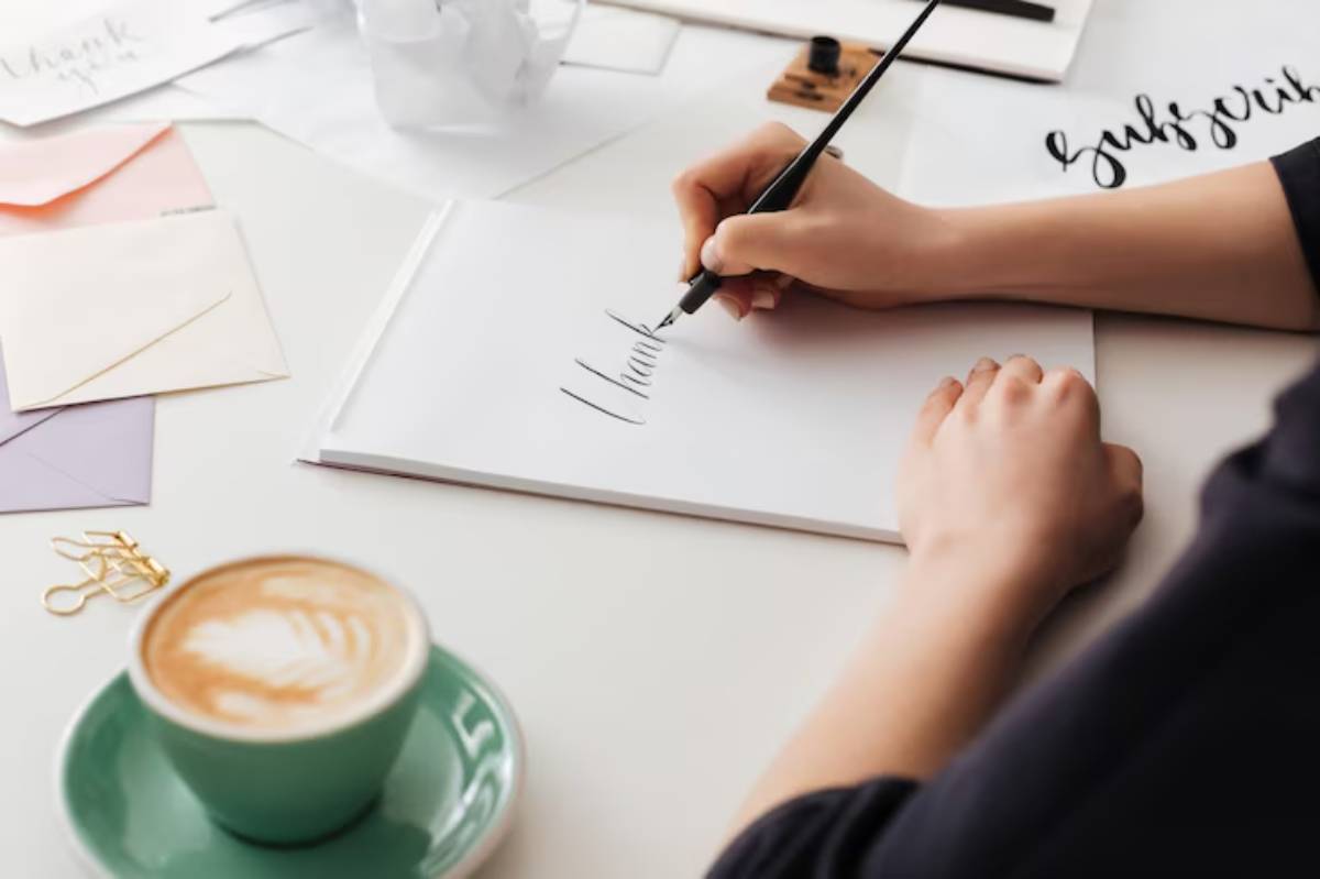A person's hand elegantly writes Thank you on a notepad, surrounded by envelopes, stationery, and a cup of coffee.