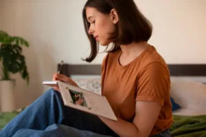 A person wearing an orange shirt sits on a bed, writing in a notebook, with a green plant in the background.