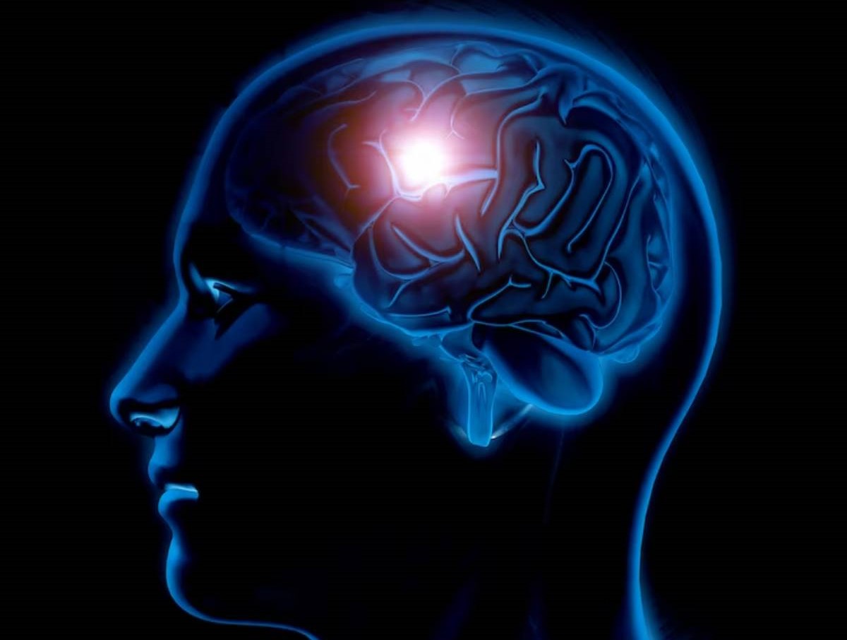  A glowing, blue silhouette of a human head with a detailed brain visible, against a black background, illuminated by a soft light.