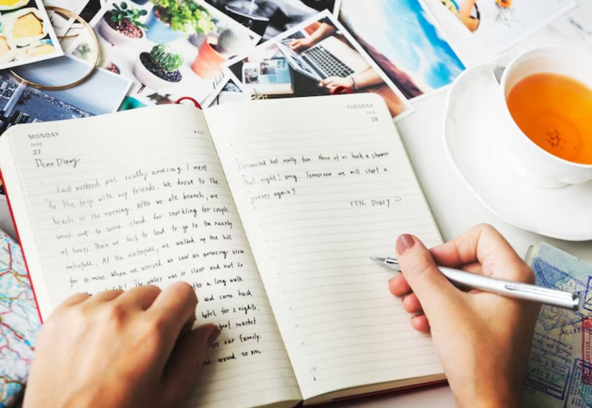 A person writes in a diary surrounded by travel photos and a cup of tea, capturing memories and reflections. 