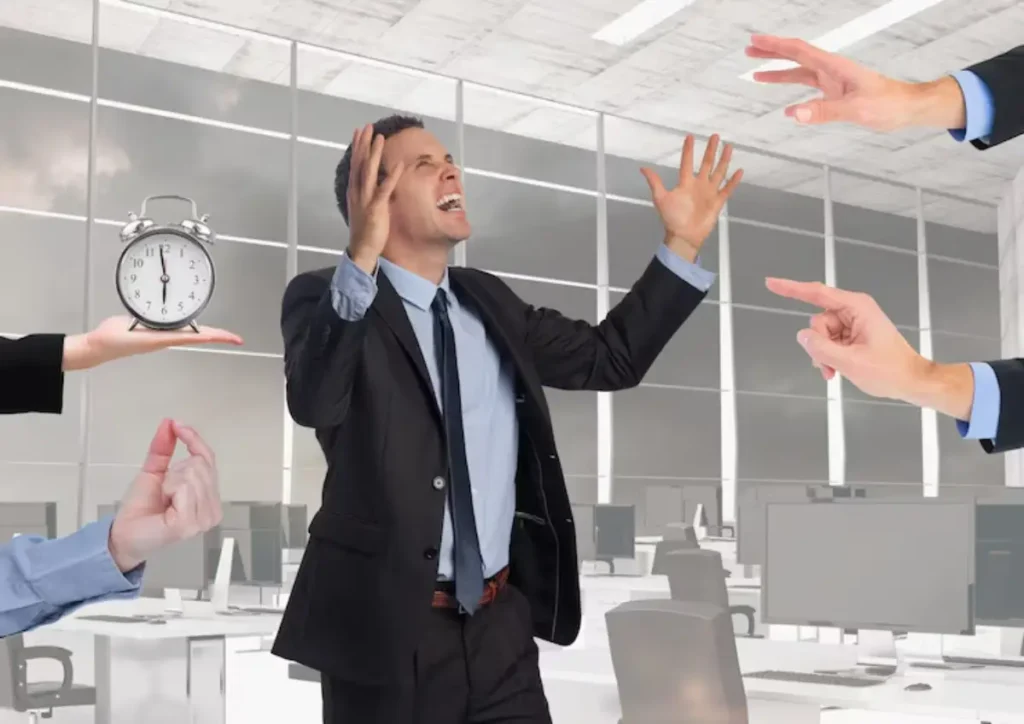 A suited individual gestures dramatically in an office setting, while two hands point and hold a clock, suggesting urgency or a deadline.