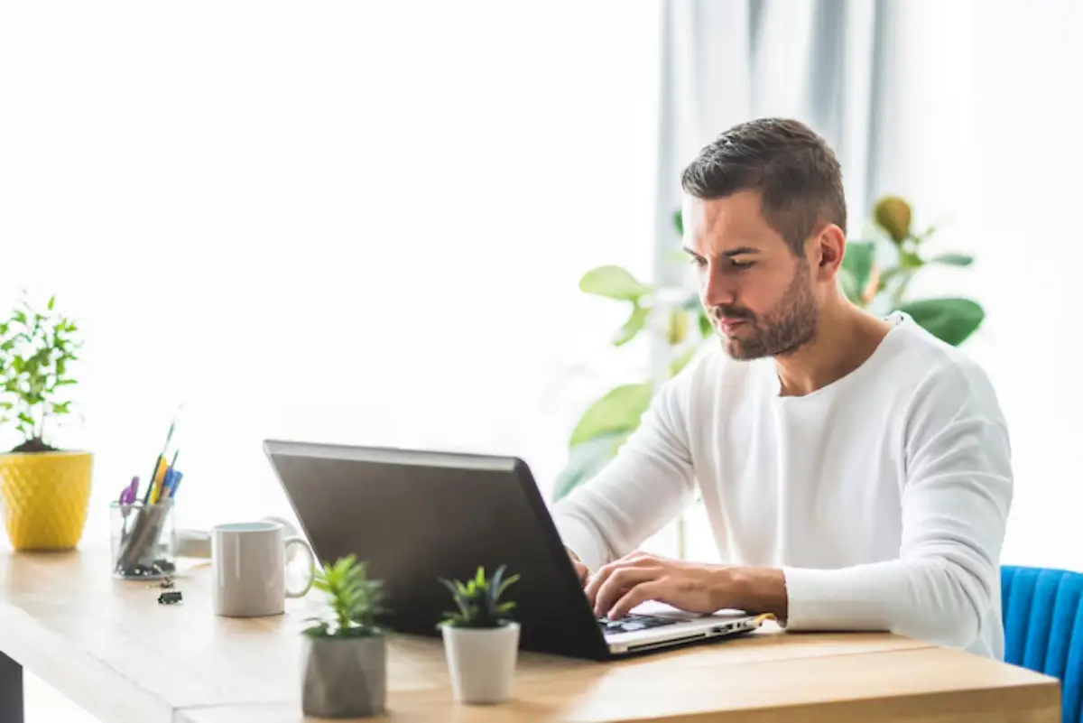 A person sits at a wooden desk, typing on a laptop surrounded by greenery and stationary, with bright natural light streaming in.