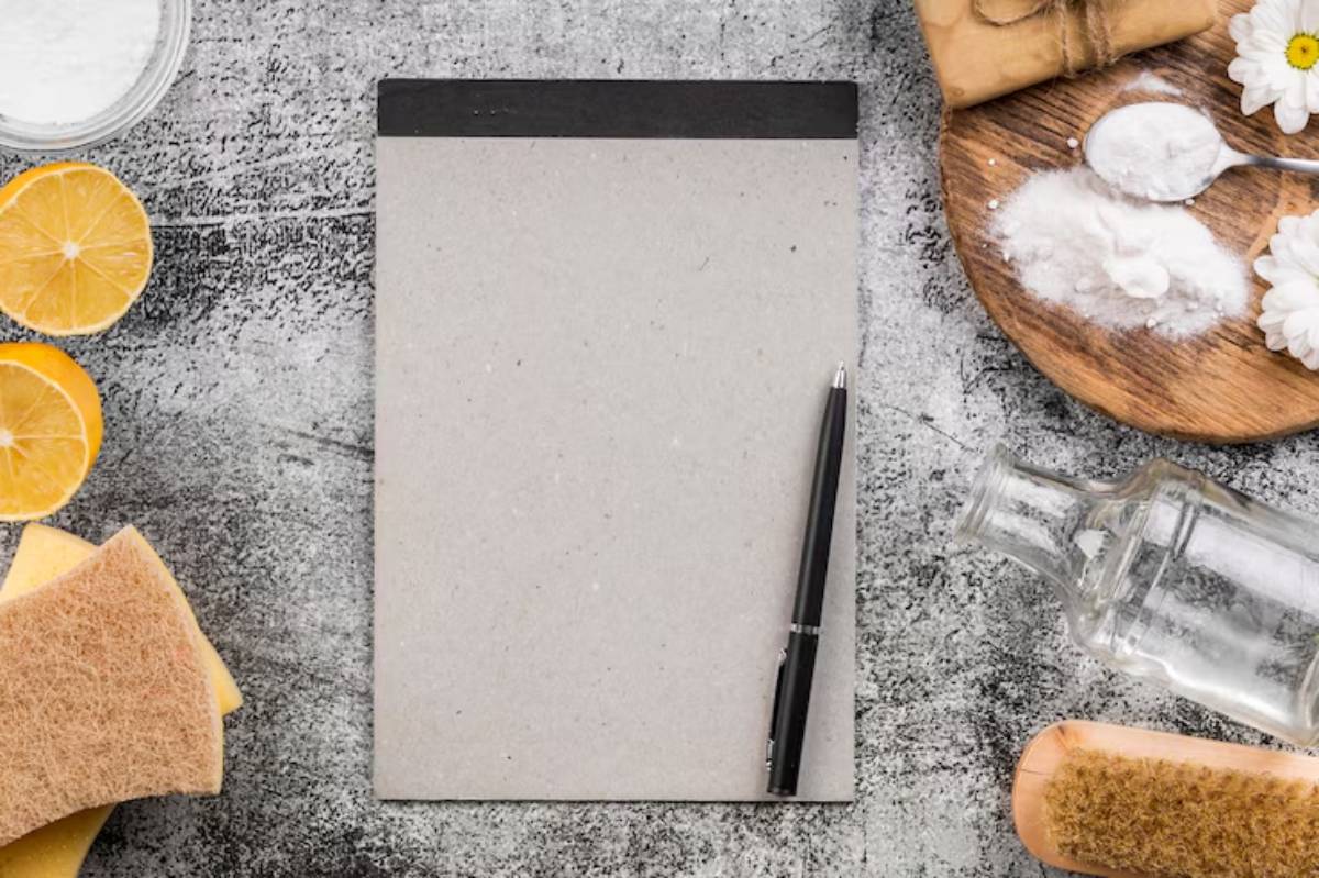  A blank notepad and pen surrounded by lemon halves, sponges, a glass bottle, and baking ingredients on a textured surface.