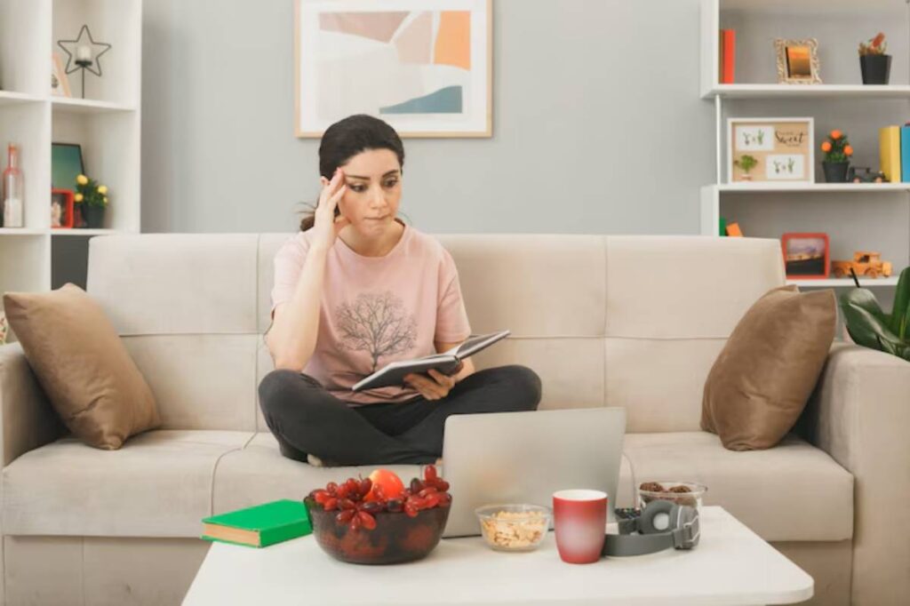 A person sits cross-legged on a couch, reading a book with snacks and a laptop on a coffee table in a cozy living room.