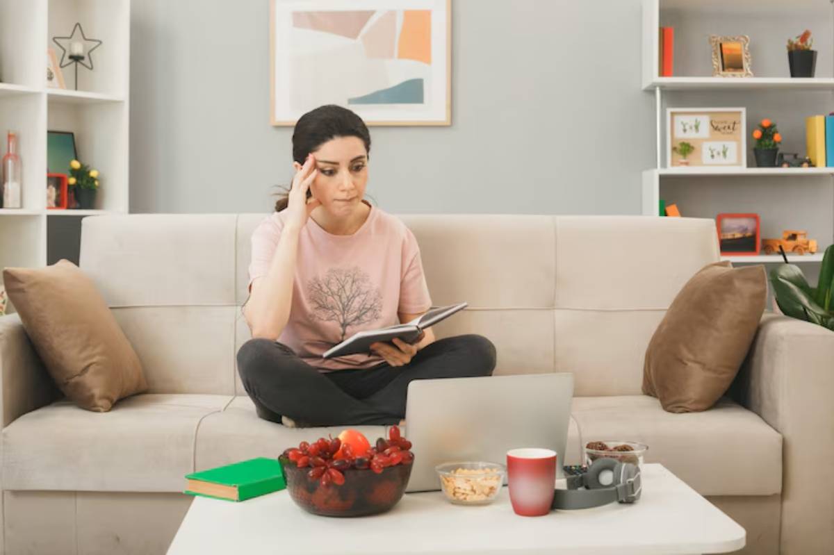 A person sits cross-legged on a couch, reading a book with snacks and a laptop on a coffee table in a cozy living room.